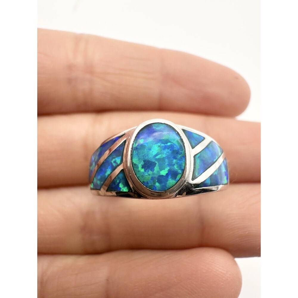 Blue Oval & Stripes Fire OPAL Ring - Rhodium finished 925 STERLING SILVER Size 7